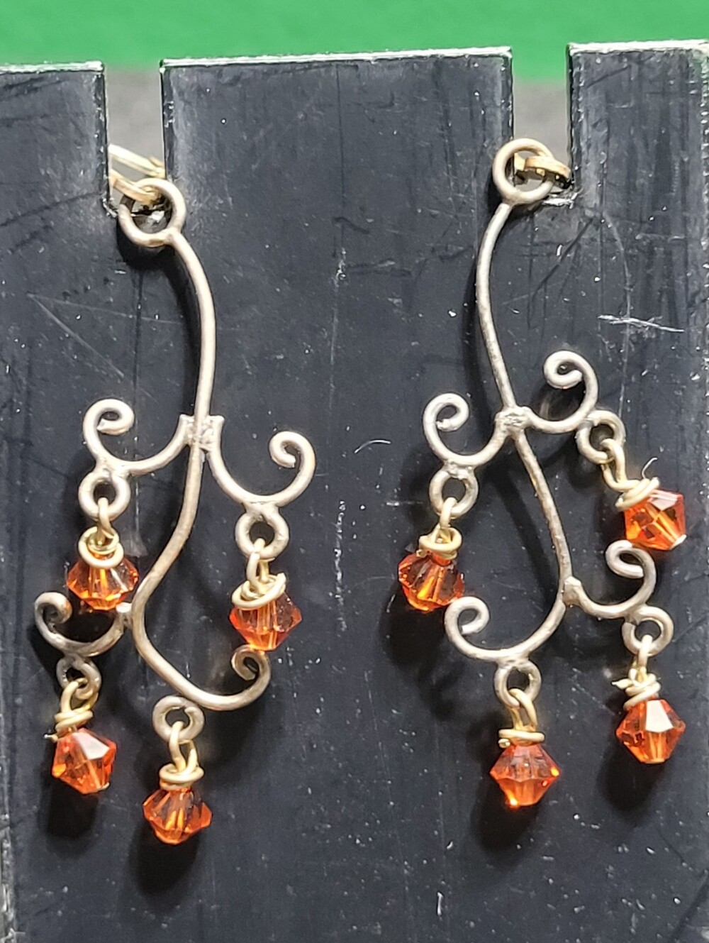 Vintage Sterling Silver Filigree Vine Dangle Earrings with Amber Crystal Beads